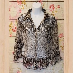Black and White Button Up Sheer Blouse
